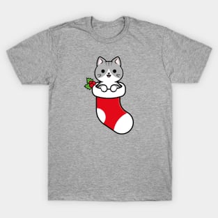 Cute Gray Tabby Cat Inside a Christmas Stocking T-Shirt